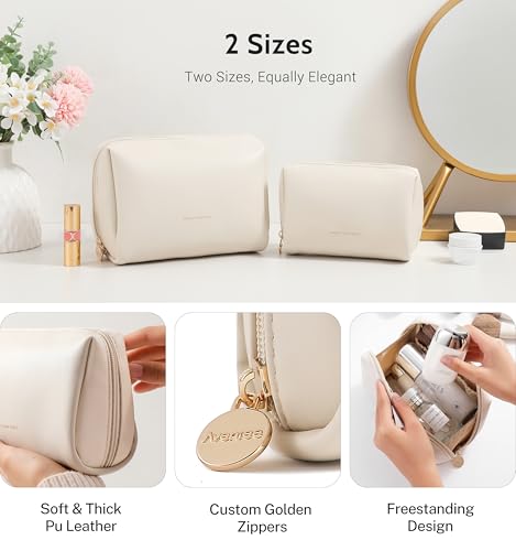 Aveniee Large Travel Makeup Bag Beige Vegan Leather Organizer with Divider