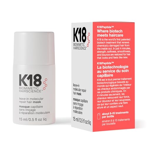 K18 Leave-In Molecular Repair Hair Mask - Peptide Hair Treatment Mask for Bleach, Color, Chemical + Heat Damaged Strands - Immediate + Lasting Damage Reversal in 4 Minutes (0.5 Fl oz)