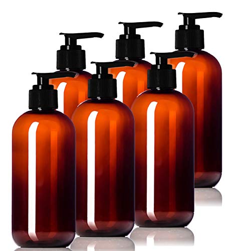 Aromine 8oz Amber Plastic Bottles with Pump Caps, 6 Pack