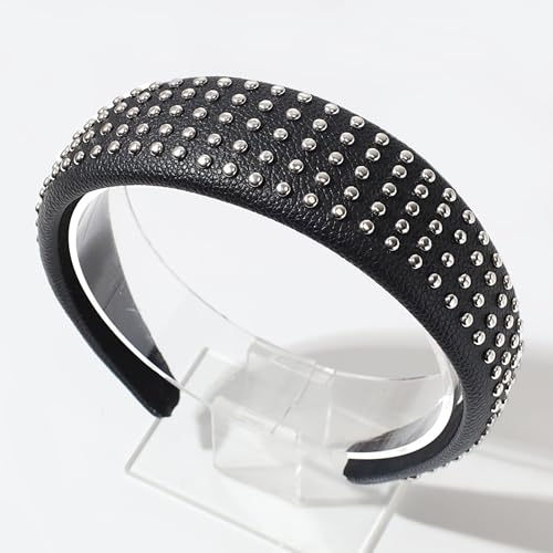 FANSSYA Black Faux Leather Studded Headband - Padded Punk Y2K Hair Accessory
