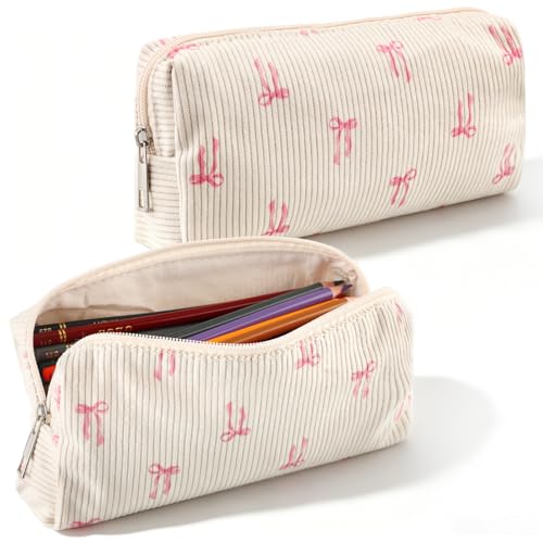 Dansydaisy Beige Coquette Makeup Bag with Pink Bow Zipper