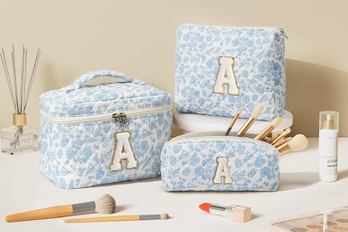 Tiblue Personalized Initial Quilted Makeup Bag Set - 3-Piece Cosmetic Organizer