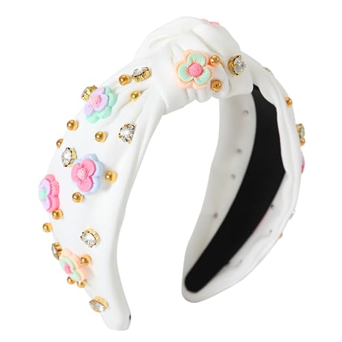 B-White Floral Knotted Headband for Women | Sparkly Beaded Hair Accessory