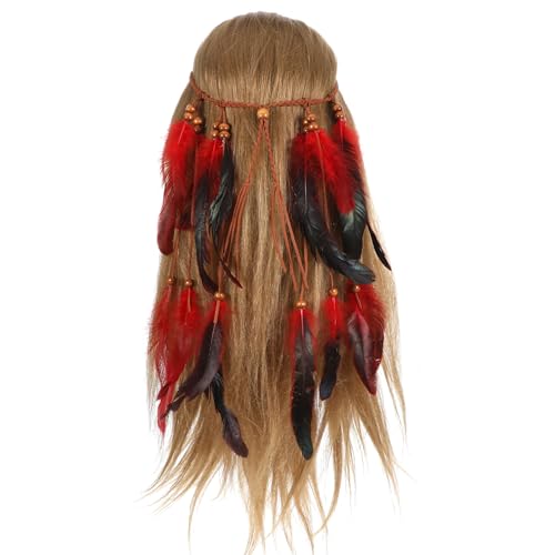 Vibrant Red Boho Indian Feather Headdress - Adjustable Festival Headband