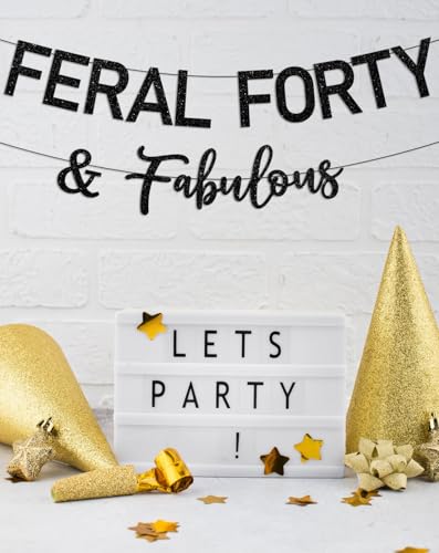 Feral Forty & Fabulous Birthday Banner - Black Glitter Party Decor