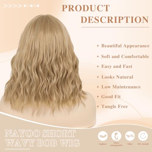 NAYOO Flaxen Blonde Bob Wig with Bangs - 14 Inch Shoulder Length
