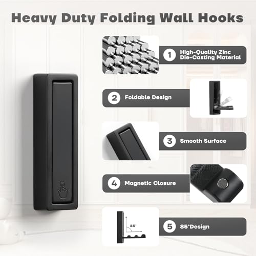 Heavy Duty Folding Wall Hooks - 2 Pack Matte Black Zinc Alloy