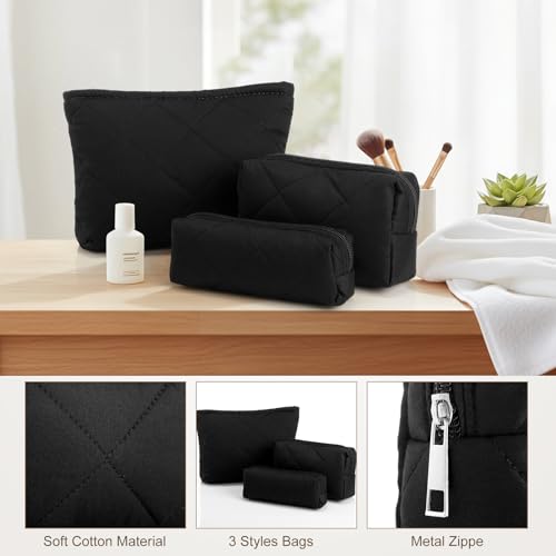 Paterr 3-Piece Black Quilted Cotton Makeup Bag Set - Foldable & Washable Cosmetic Pouches
