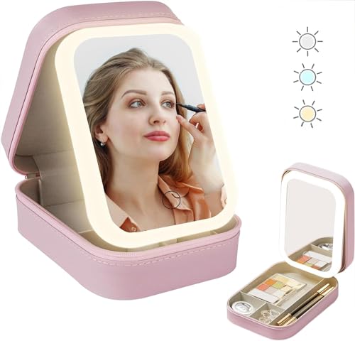 Pink Travel Makeup Case with Lighted Mirror - Waterproof Organizer