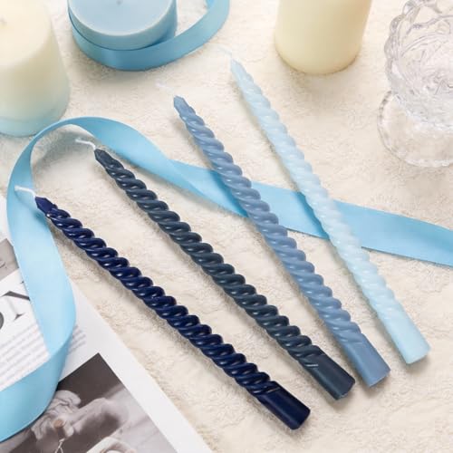 KONNI 10-Inch Blue Spiral Taper Candles - 4 Pack, Smokeless & Long Burning