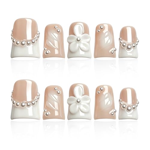 Vanpaga Medium Press-On Nails Short Square White French Nails with 3D Flower & Pearls - Reusable, Easy Application, Wedding, 10Pcs