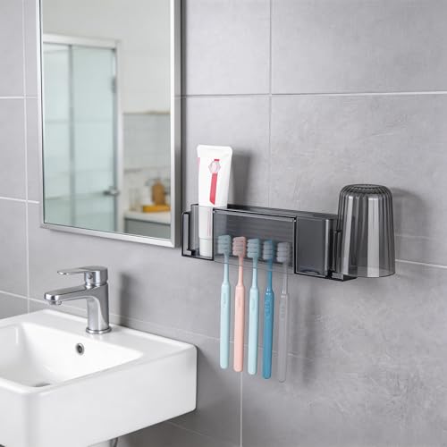 Wall Mounted Toothbrush Holder with Cover - Self Adhesive Organizer