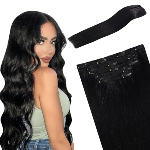 FUBILI Clip In Hair Extensions 12 Inch 80g 5pcs Natural Black Remy Hair