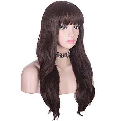 Morvally 23" Long Wavy Wig with Bangs - Ash Brown Heat Resistant Fiber