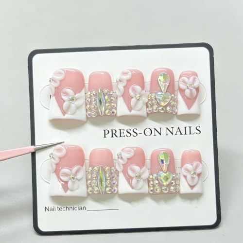 RIICFDD Medium Duck Press on Nails - Rhinestone French Tip (M)