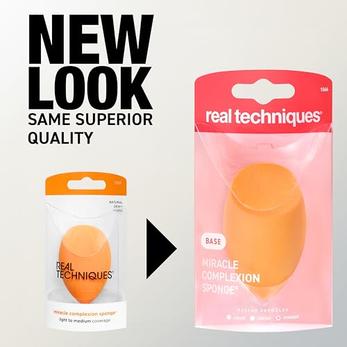Real Techniques Miracle Complexion Sponge 4 Pack, Makeup Blending Sponges For Liquid & Cream Foundation & Skin Tints, Buildable Coverage, Natural, Dewy Base, Cruelty- Free, Latex-Free Foam