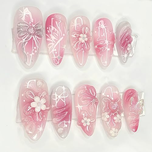 GJJBQTT Pink7 3D Flower Press-On Nails with Butterfly & Bow Design, Medium Almond Fake Nails, Reusable for Women