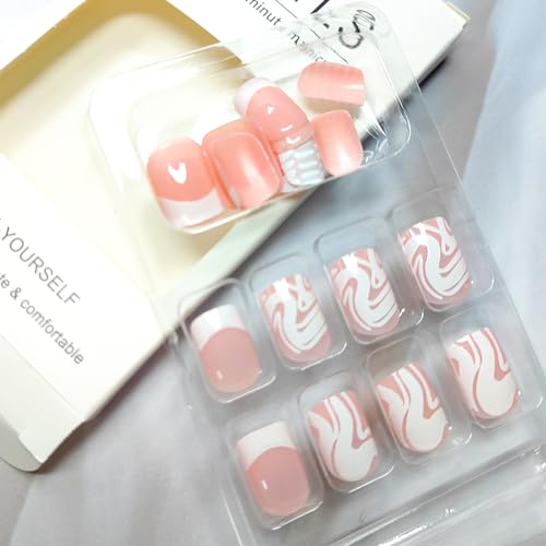 French Tip Press On Nails - Short Square Acrylic with Stripes (24 Pack)