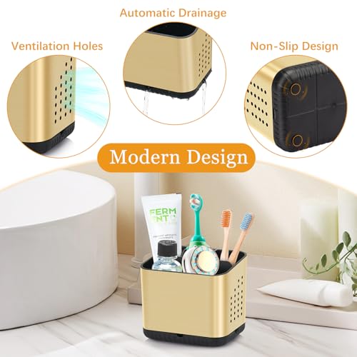 Brushed Gold Toothbrush Holder - 4 Slot Bathroom Organizer