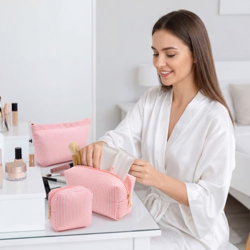 Coral Pink Seersucker Makeup Bag Set - 4 Pcs Travel Cosmetic Organizer