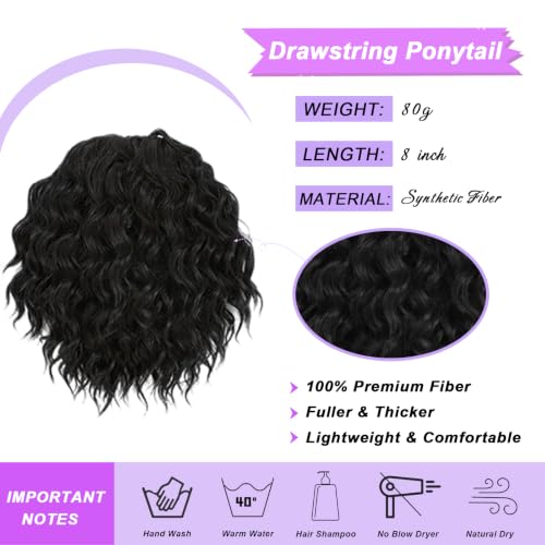 8 Inch Short Wavy Curly Drawstring Ponytail Extension - Jet Black Synthetic