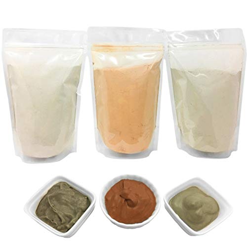 Natural Clay Mask Powder Set: Bentonite, Moroccan Rhassoul & French Green