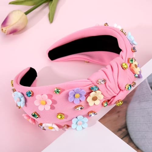 NVENF Pink Flower Headband - Crystal Rhinestone Knotted Summer Accessory