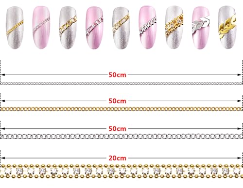 Metallic Nail Art Chains 10 Strips for Nails & Crafts - Gold & Silver Glitter Beads