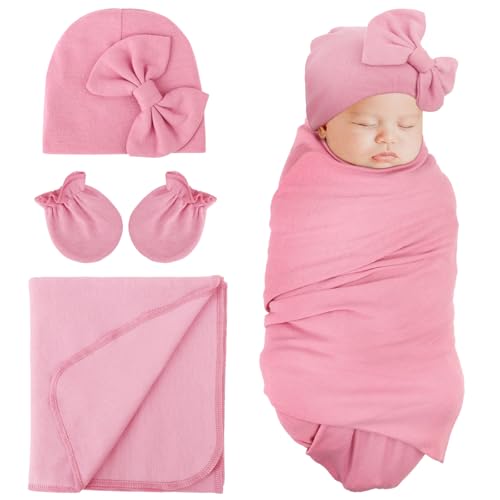 DRESHOW Newborn Receiving Blanket Set with Bow Hat & Mittens