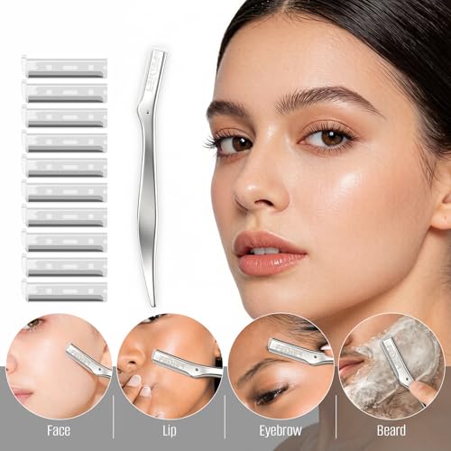 FEISIER Metal Eyebrow Razor Kit with 10 Blades & Travel Pouch - Precision Facial Hair Remover for Women & Men