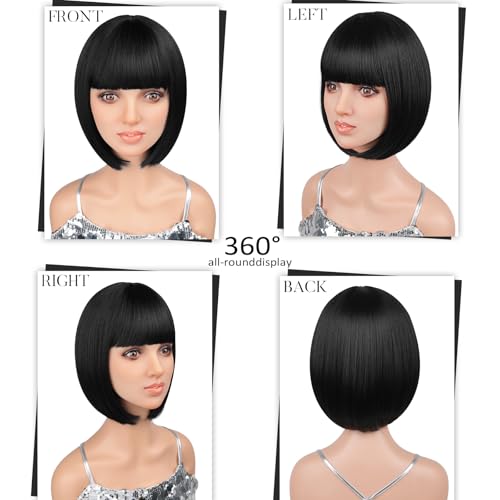 Lumitressa Black 12 Inch Bob Wig with Bangs for Women - Adjustable Fit, Synthetic Hair, Trendy Short Style