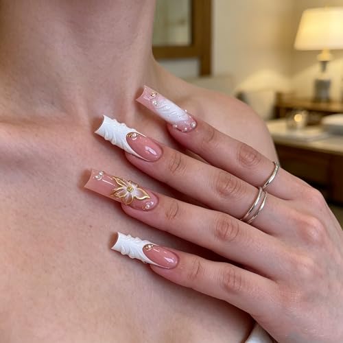 Press On Nails - Long Square Acrylic Kit with 3D Flowers & Gold Charms