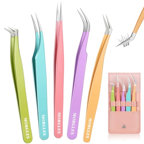 MORGLES High Precision Lash Tweezers Set for Eyelash Extensions, 5 in 1 Eyelash Extension Tweezers for Girls, Women, Professional Lash Extension Artists & Beginners