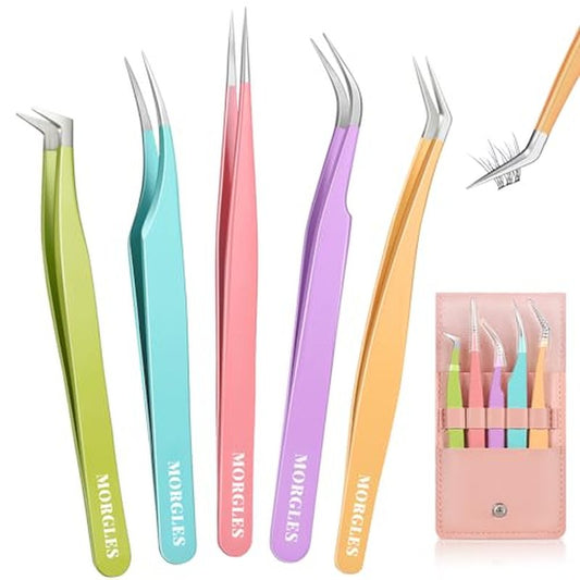 MORGLES High Precision Lash Tweezers Set for Eyelash Extensions, 5 in 1 Eyelash Extension Tweezers for Girls, Women, Professional Lash Extension Artists & Beginners