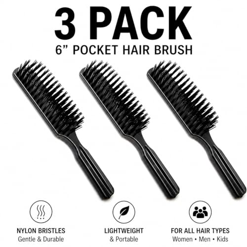 3-Pack Pocket Hair Brush Set - Compact 6-Inch Detangling Brush