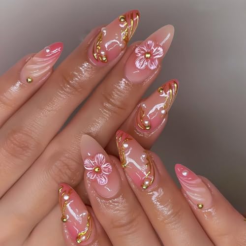 Autumn Flower Press-On Nails with Rhinestones & Gold Line Design - Medium Almond Fake Nails for Manicure, 24Pcs