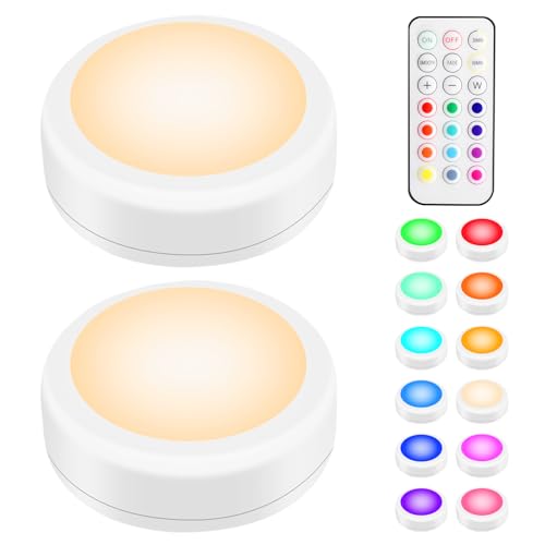 BLS LED Puck Lights with Remote Control - 13 Color Options, Battery Operated, 2 Pack