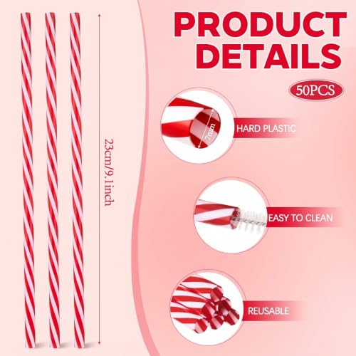 Honeydak 50 Pcs Red and White Stripe Reusable Drinking Straws