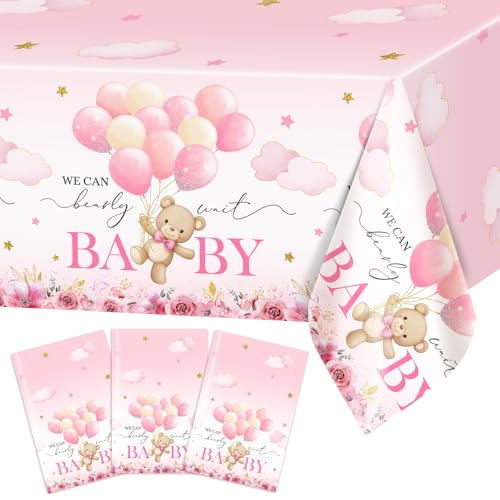 3 Pack Pink Bear Baby Shower Tablecloths – Waterproof & Disposable