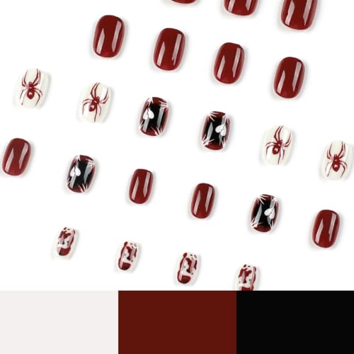 HPYFOI Spider Halloween Press-On Nails Style-4: Short Dark Red Square Reusable 24 Pcs