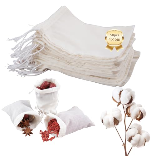 50pcs Reusable Muslin Spice Bags with Drawstring - 4x6 In Cotton Filter Bags for Tea, Coffee, Soup