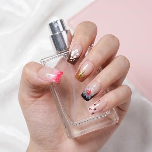 Reusable Handmade Medium Square Press-On Nails O901 / M - Salon Quality, French Tip & 3D Decor