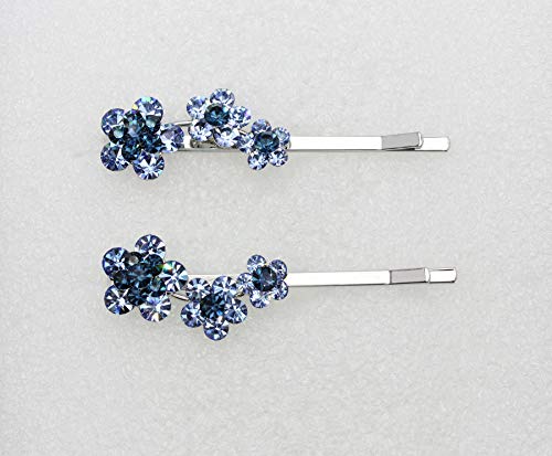 Navy Blue Rhinestone Floral Hair Clips - Elegant Crystal Bobby Pins (Set of 2)
