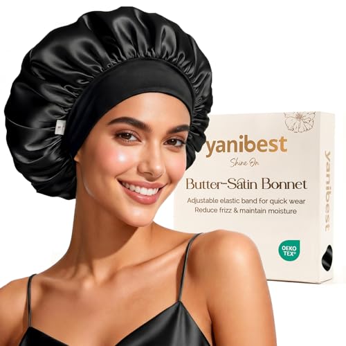 YANIBEST Satin Sleep Bonnet for Women, Comfortable Hair Care, One Size Black