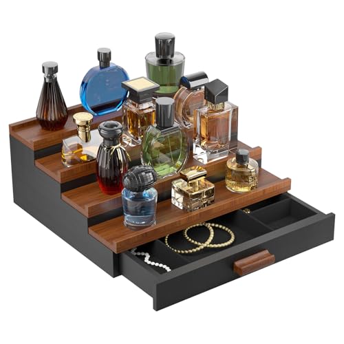 4 Tier Black Walnut Wooden Perfume Organizer with Drawer