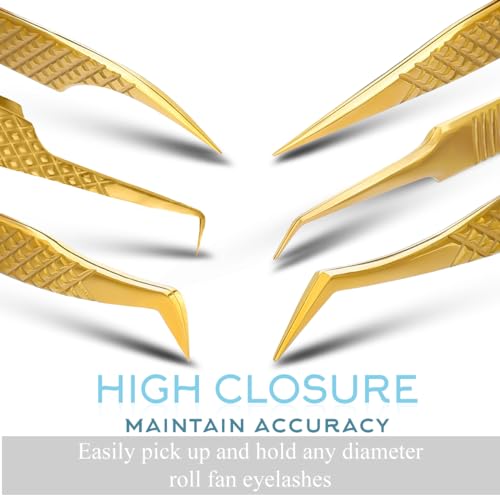 SIVOTE Gold Eyelash Extension Tweezers Set - 6 Professional Fiber Tip Tools