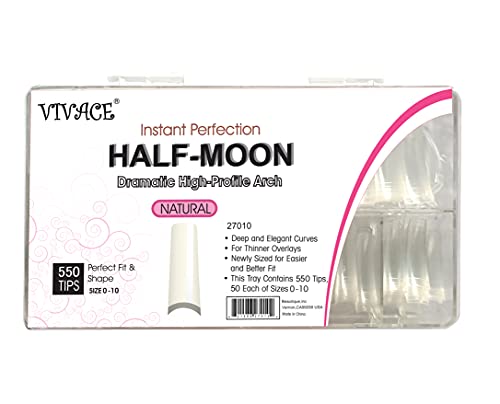 Vivace Natural Half Moon Acrylic Nail Tips – 11 Sizes with Case