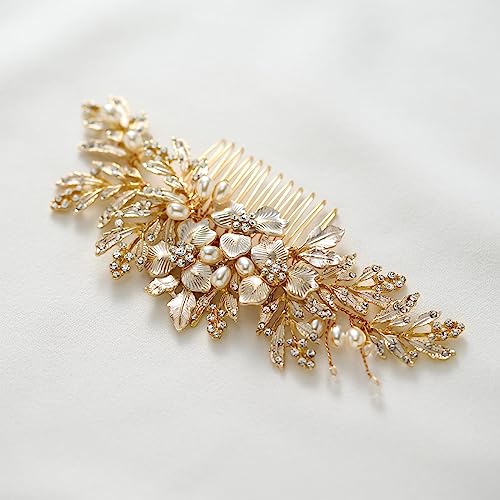 SWEETV Handmade Gold Rhinestone Wedding Hair Comb for Brides