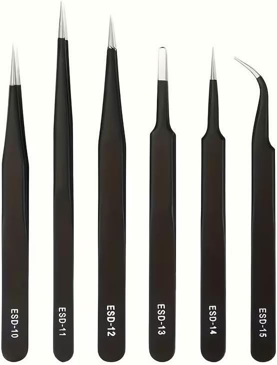 Precision Tweezers Set - 6-Piece Heavy-Duty Fine-Point Tweezers for Electronics Repair & Crafting | Pointed & Curved Tips