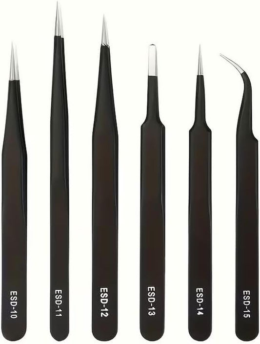 Precision Tweezers Set - 6-Piece Heavy-Duty Fine-Point Tweezers for Electronics Repair & Crafting | Pointed & Curved Tips